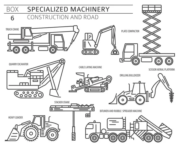 Speciale Set Icone Vettoriali Lineari Costruzioni Industriali Macchine Stradali Isolato — Vettoriale Stock