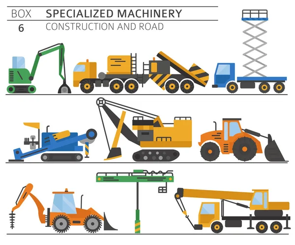 Conjunto Iconos Vectoriales Especiales Construcción Industrial Máquina Carretera Aislados Blanco — Archivo Imágenes Vectoriales