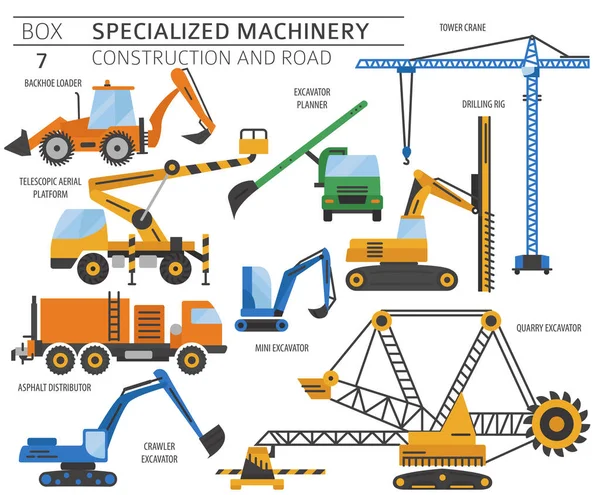 Spezielle Industriebauten Und Straßenmaschinen Farbige Vektor Symbol Gesetzt Isoliert Auf — Stockvektor