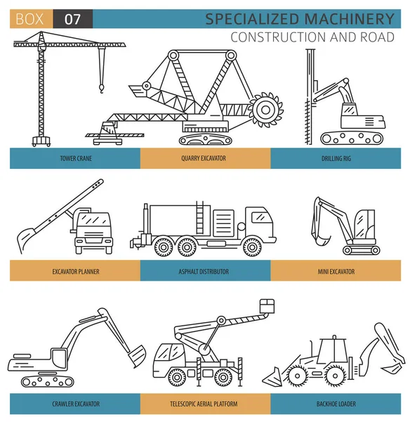 Icône Vectorielle Linéaire Construction Industrielle Spéciale Machine Routière Isolée Sur — Image vectorielle