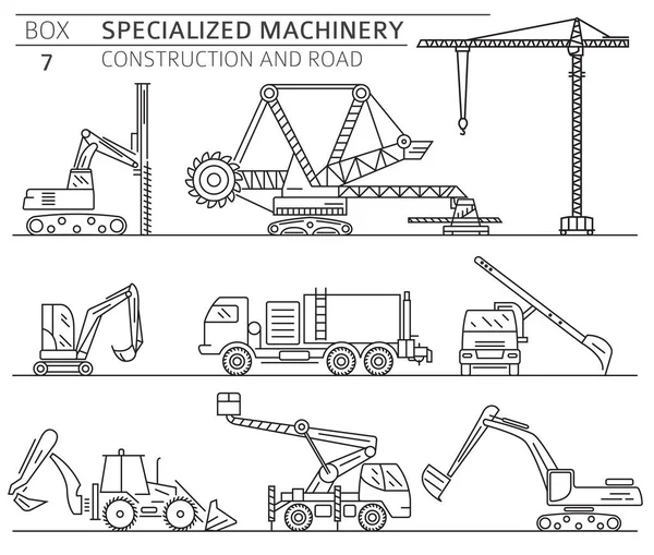 Spezielle Industriekonstruktion Und Lineares Vektor Symbol Für Straßenmaschinen Isoliert Auf — Stockvektor