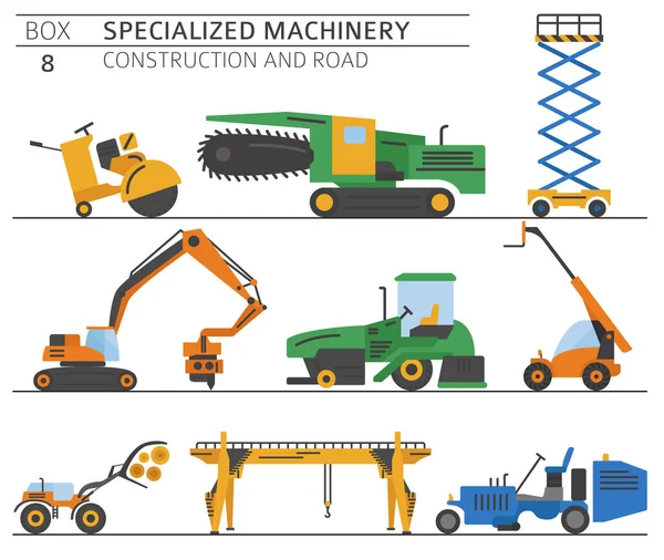 Conjunto Iconos Vectoriales Especiales Construcción Industrial Máquina Carretera Aislados Blanco — Archivo Imágenes Vectoriales