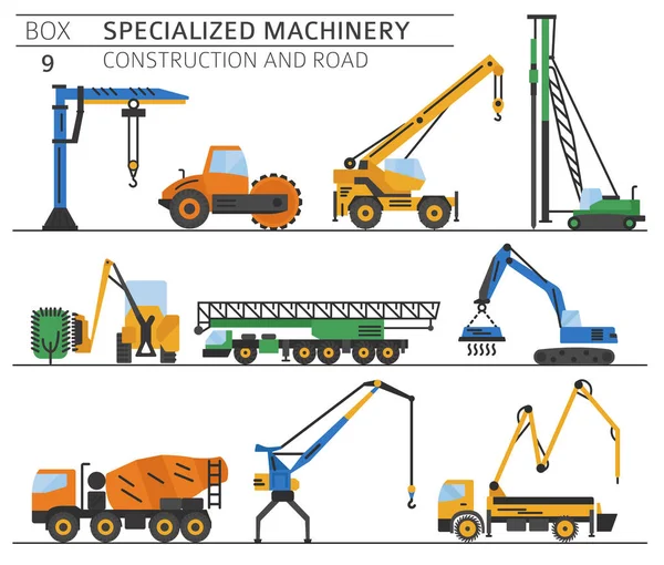 Conjunto Iconos Vectoriales Especiales Construcción Industrial Máquina Carretera Aislados Blanco — Archivo Imágenes Vectoriales