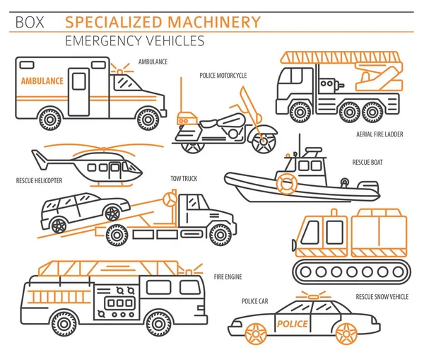 Specialized Machines Emergency Vehicles Linear Vector Icon Set Isolated White — Stock Vector