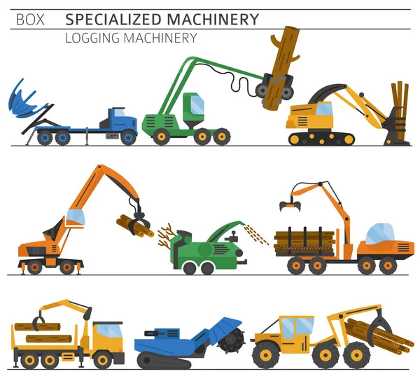 Speciální Sada Barevných Vektorů Pro Průmyslovou Těžbu Dřeva Izolovaná Bílém — Stockový vektor