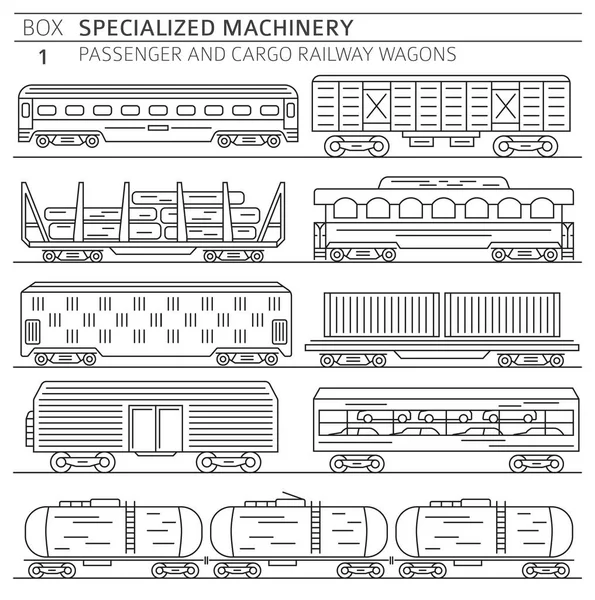 Special Machinery Collection Passenger Cargo Railway Wagons Linear Vector Icon — Stock Vector