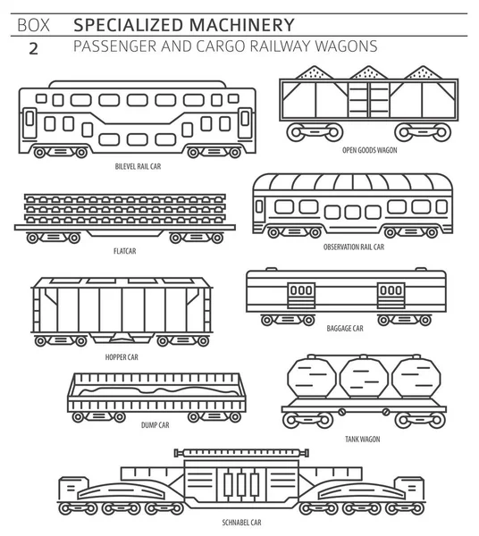 特殊機械コレクション 旅客および貨物鉄道ワゴン線形ベクトルアイコンは 白に分離設定します イラスト — ストックベクタ