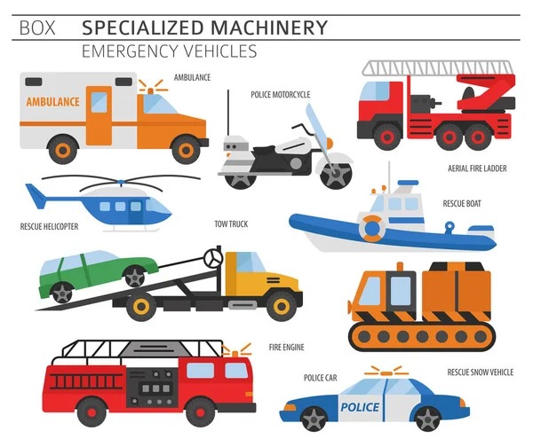 Specialized Machines Emergency Vehicles Colour Vector Icon Set Isolated White — Stock Vector