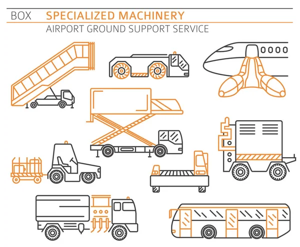 Collection Machines Spéciales Service Soutien Sol Aéroport Icône Vectorielle Linéaire — Image vectorielle