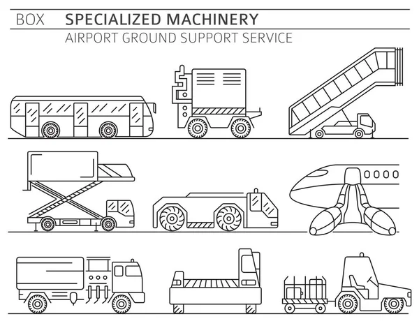 Raccolta Macchine Speciali Airport Ground Support Service Linear Vector Icon — Vettoriale Stock