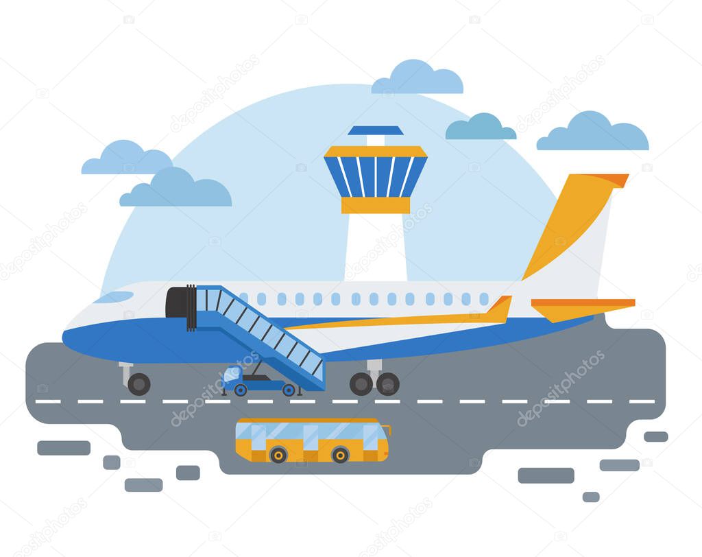 Special machinery collection. Airport ground support service  transportation coloured vector icon set isolated on white. Illustration vector design