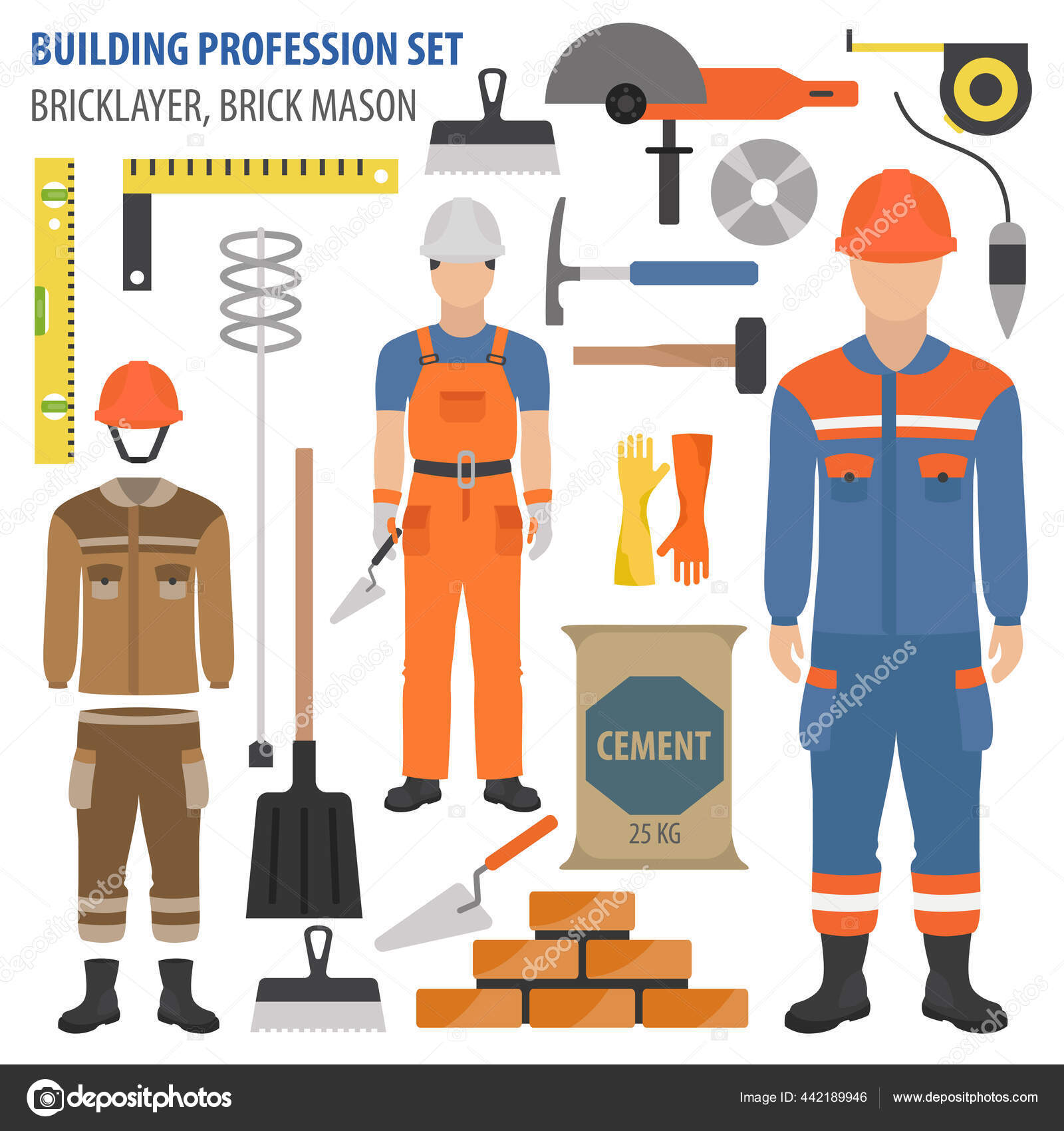 Conjunto Profesion Ocupacion Albanil Herramientas Albanil Ladrillo Equipo Icono Uniforme Vector de stock 442189946 de A7880S