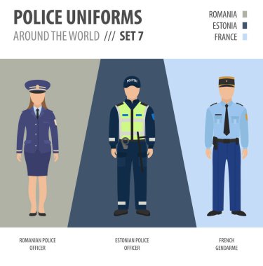 Dünyanın dört bir yanındaki polis üniformaları. Takım elbise, Avrupalı polis memurlarının giysileri vektör çizimleri ayarlandı