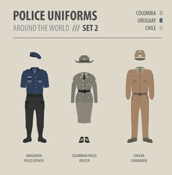 Polisuniformer Runt Världen Kostym Kläder Amerikanska Poliser Vektor Illustrationer Som — Stock vektor