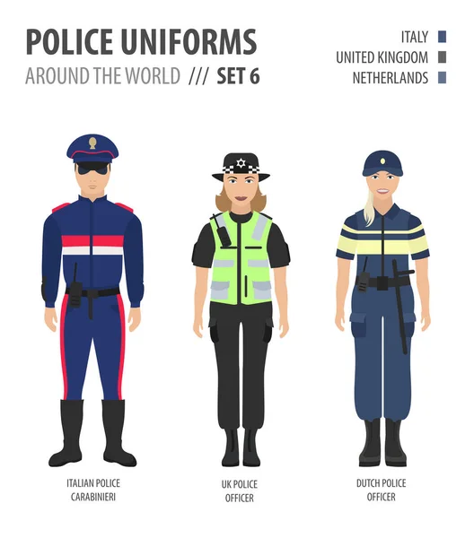 Dünyanın Dört Bir Yanındaki Polis Üniformaları Takım Elbise Avrupalı Polis — Stok Vektör
