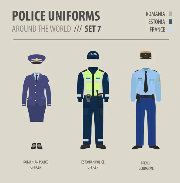 Dünyanın Dört Bir Yanındaki Polis Üniformaları Takım Elbise Avrupalı Polis — Stok Vektör