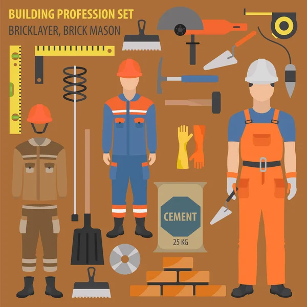 Επάγγελμα Και Επάγγελμα Χτίστης Εργαλεία Και Εξοπλισμός Από Τούβλα Ενιαίο — Διανυσματικό Αρχείο
