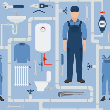 Mesleği ve mesleği kusursuz. Tesisat aletleri ve ekipmanlar. Üniforma düz tasarım. Vektör illüstrasyonu 