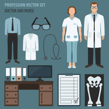 Meslek ve meslek belirlendi. Doktor 'un işyeri, tıbbi personel üniforması düz tasarım ikonu. Vektör illüstrasyonu 