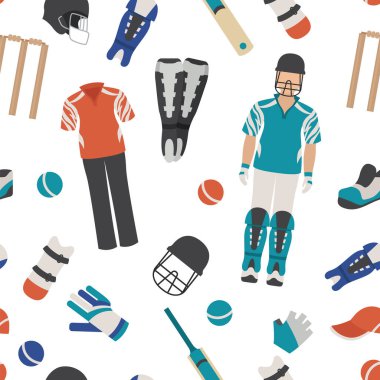 Spor malzemeleri seti. Kriket ekipmanları ve aksesuarları düz tasarım ikonu. Vektör illüstrasyonu 