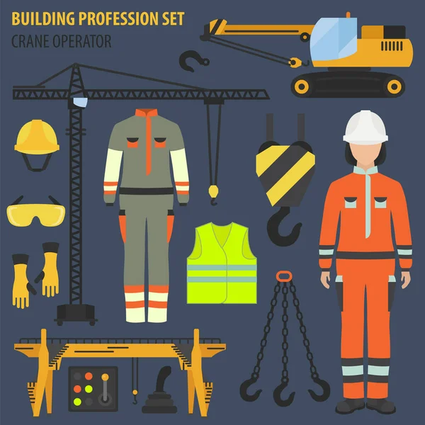 Profession Occupation Set Crane Operator Tools Equipment Uniform Flat Design — Stock Vector