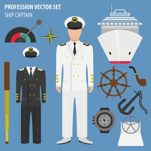 Profession Occupation Set Ship Captain Suit Equipment Uniform Flat Design — Stock Vector