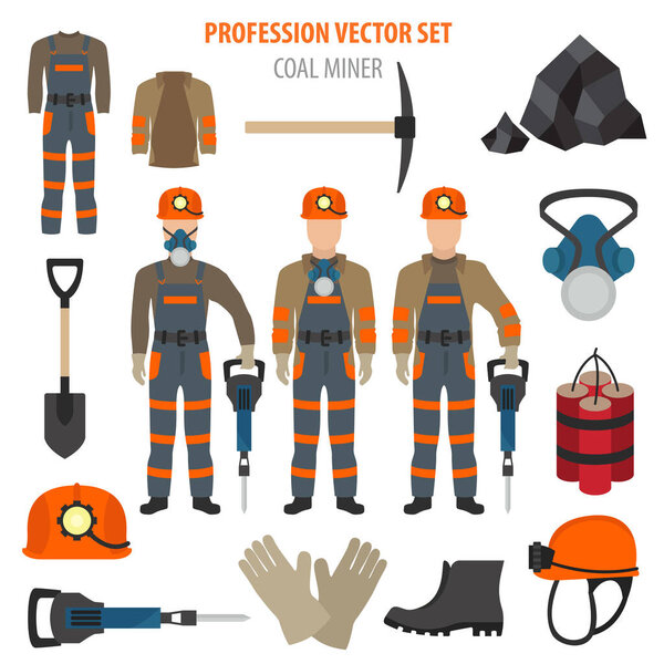 Profession and occupation set. Coal mining equipment, miner tools flat design icon.Vector illustration 