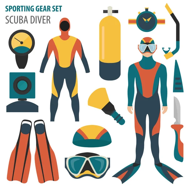 Sportausrüstung Tauchausrüstung Und Taucher Männlichen Flachen Design Icon Vector Illustration — Stockvektor