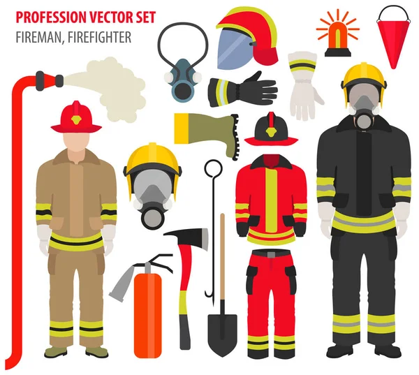 Professione Professione Insieme Equipaggiamento Pompiere Personale Servizio Vigile Del Fuoco — Vettoriale Stock