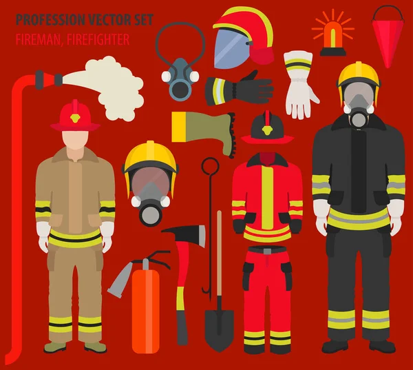 직업과 직업이 정해져 Fireman Equipment Firefighter Service Staff Uniform Flat — 스톡 벡터