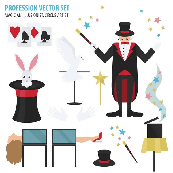 Beroep Beroep Ingesteld Goochelaar Illusionist Circusartiest Plat Ontwerp Icoon Vectorillustratie — Stockvector