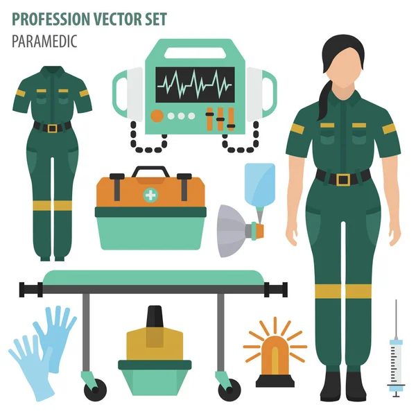 Profession Occupation Set Paramedic Equipment Medical Staff Uniform Flat Design — Stock Vector