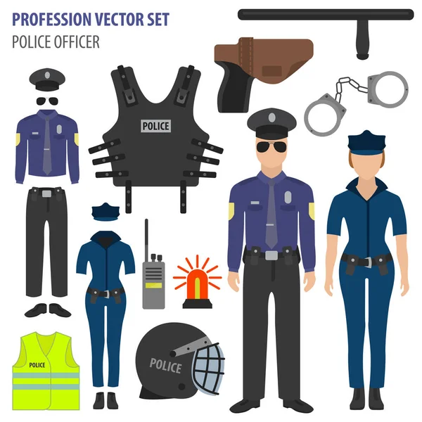 Profession Occupation Set Police Officer Equipment Uniform Flat Design Icon — Stock Vector