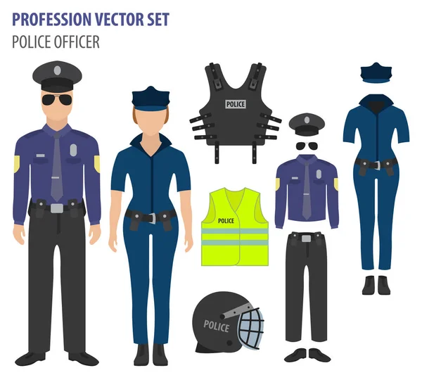 Beruf Und Beruf Stehen Fest Polizeiausrüstung Einheitliche Flache Designsymbole — Stockvektor