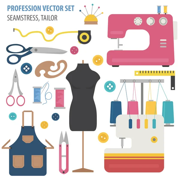 Profession Occupation Set Seamstress Tailor Equipment Uniform Flat Design Icon — Stock Vector