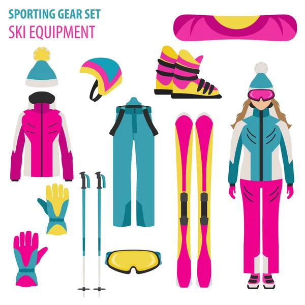 Sporting Gear Set Ski Equipment Skier Woman Flat Design Icon — Stock Vector