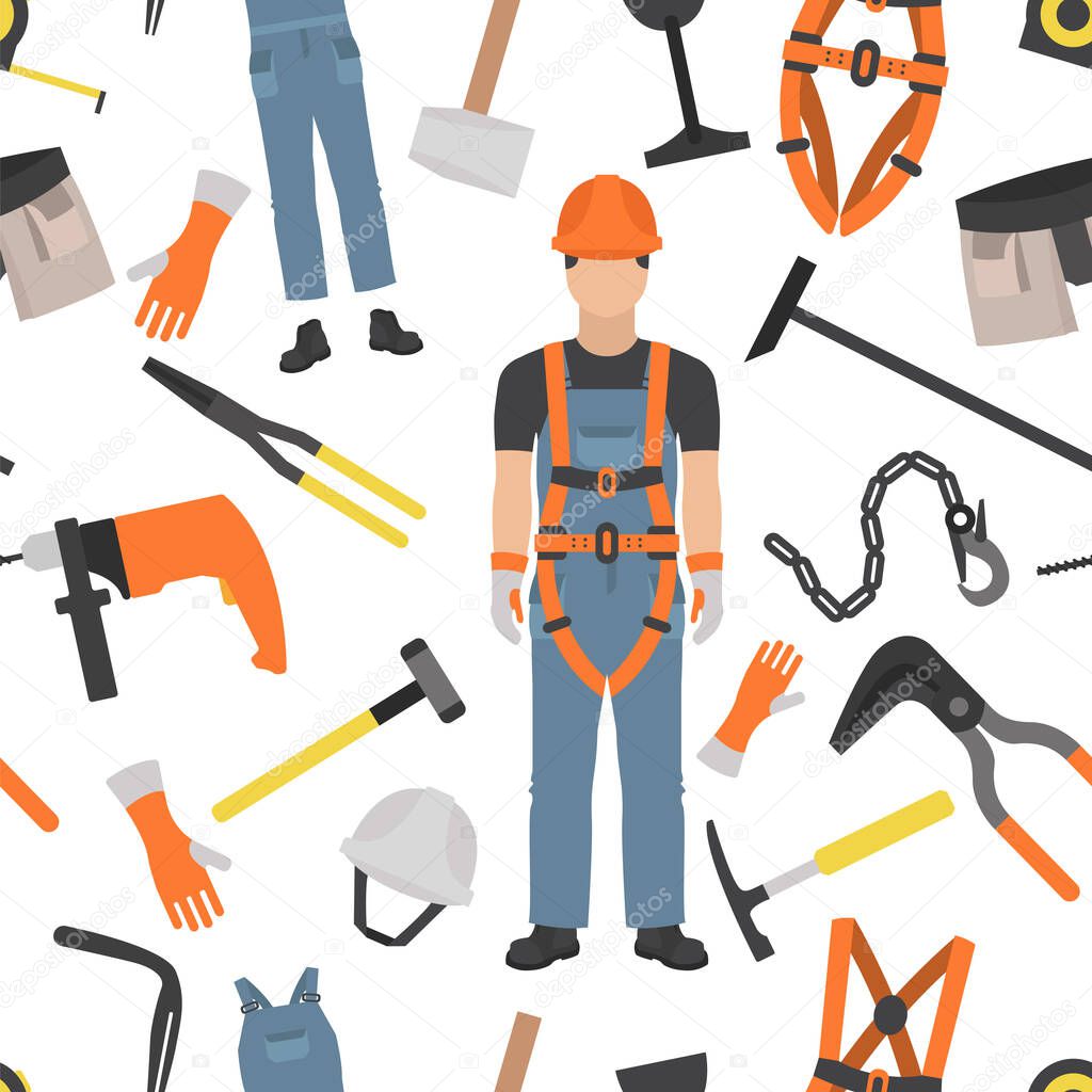 Profession and occupation set. Roofer tools and equipment. Seamless pattern. Vector illustration 