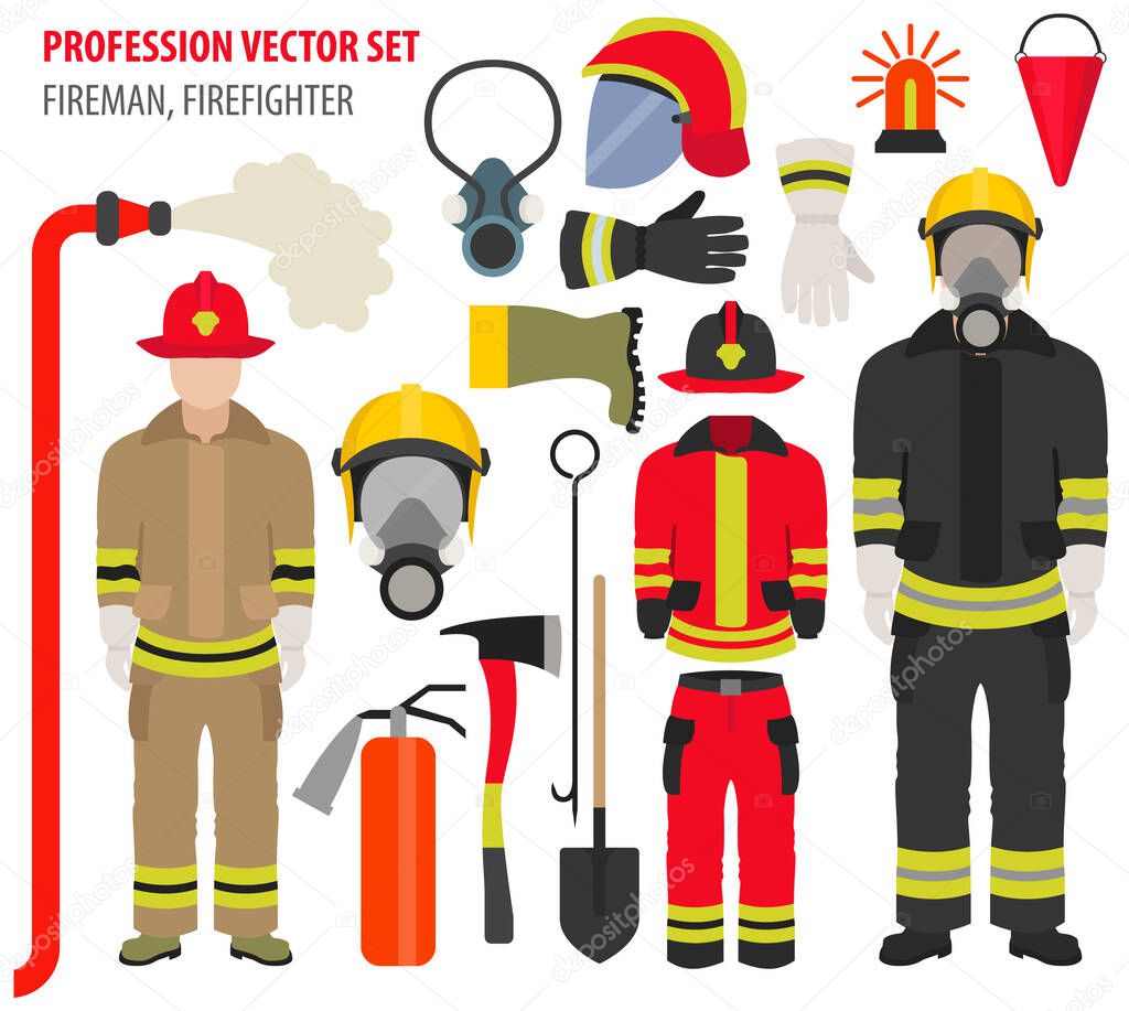 Profession and occupation set. Fireman equipment, firefighter service staff uniform flat design icon.Vector illustration 