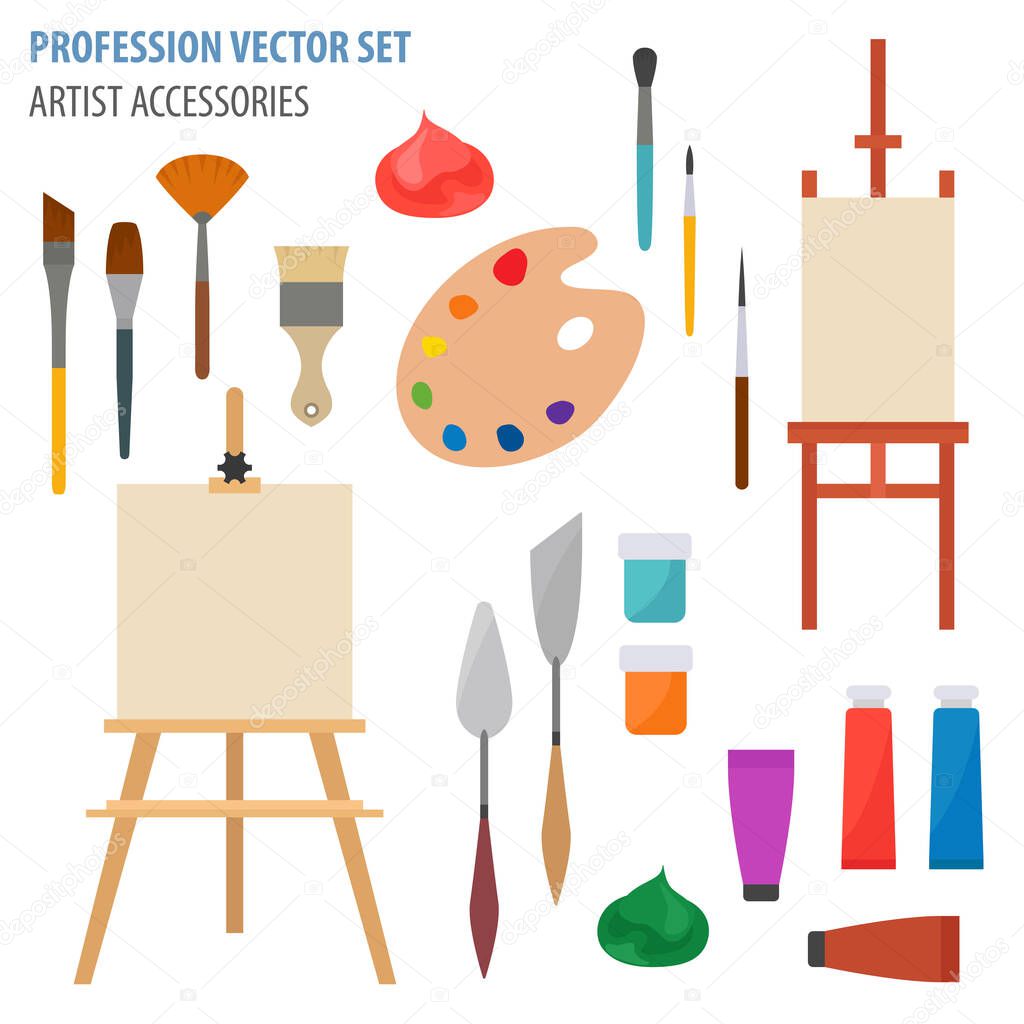 Profession and occupation set. Painter, artist accessories flat design icon.Vector illustration 