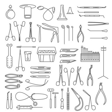 Medical instruments thin linear icon set. Gynecology, otorhinolaryngology, dentistry, surgery, therapy and other. Vector illustration clipart
