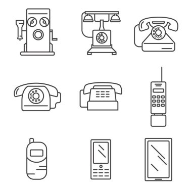 Telefon geçmişi. Evrim. Basit çizgi tasarım vektör simgesi seti. Görüntü