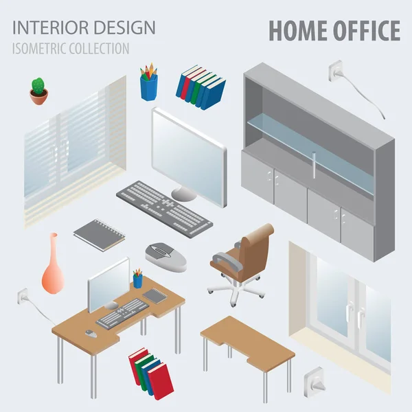 Isometrie Innenarchitektur Sammlung Home Office Vektorillustration — Stockvektor