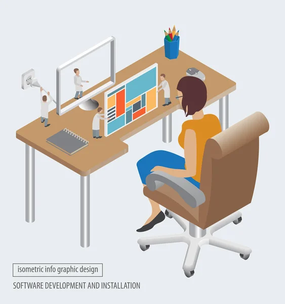 Computertechnologie Isometrische Verzameling Software Ontwikkeling Installatie Vectorillustratie — Stockvector