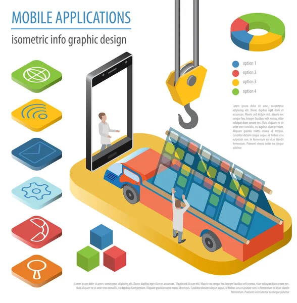 Mobil Applikationsteknik Isometrisk Insamling Utveckling Och Installation Programvara Vektorillustration — Stock vektor
