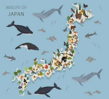 Japon yaban hayatının Isometric 3D tasarımı. Hayvanlar, kuşlar ve bitkiler beyaz sette izole edilmiş elementler. Kendi coğrafya bilgi koleksiyonunuzu oluşturun. Vektör illüstrasyonu