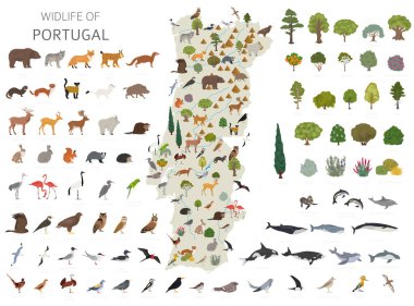Flat design of Portugal wildlife. Animals, birds and plants constructor elements isolated on white set. Build your own geography infographics collection. Vector illustration clipart