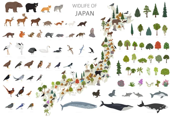 日本の野生生物のフラットデザイン 鳥や植物のコンストラクタ要素は 白いセットに隔離された 独自の地理情報収集を構築します ベクターイラスト — ストックベクタ