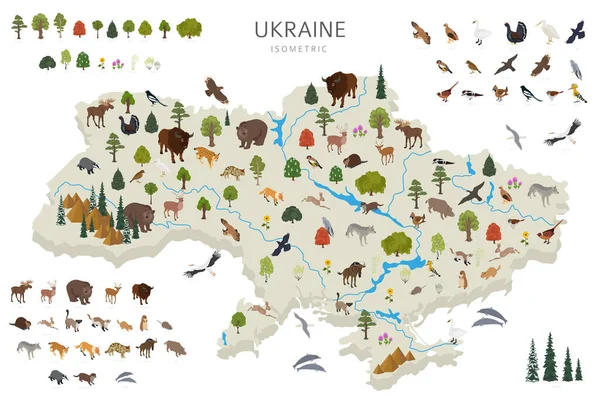 Conception Isométrique Faune Ukrainienne Animaux Oiseaux Plantes Éléments Constructeurs Isolés — Image vectorielle