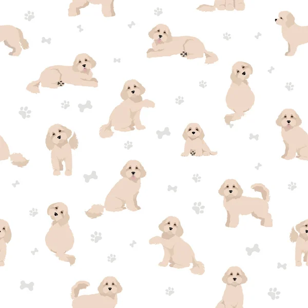 Cavapoo Mix Breed Seamless Pattern Different Poses Coat Colors Set — Stock Vector