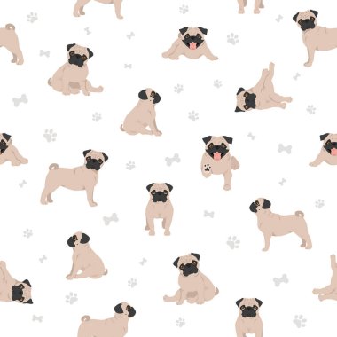 Pug pürüzsüz desen. Farklı pozlar, farklı renkler. Vektör illüstrasyonu